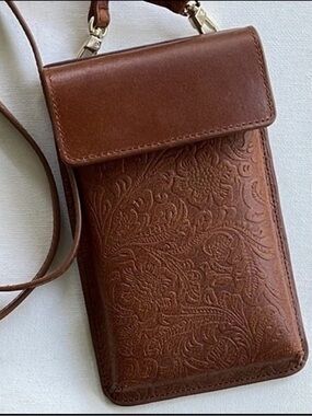 MW Embossed Brown Leather Crossbody ID Wallet Crossbody Bag Small Compact
